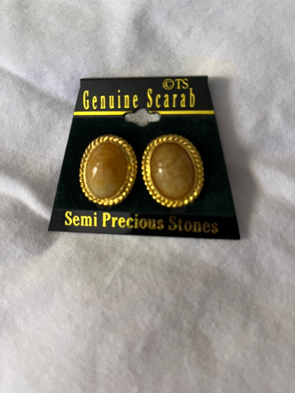 Vintage Gold-Tone Brown Oval Semi-Precious Stone Clip Earrings